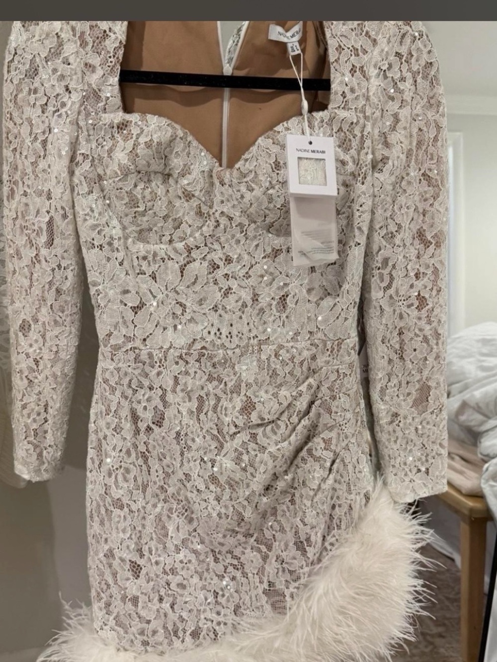 NADINE MERABI Cream Lace Long-Sleeve Midi Dress with Feather Trim